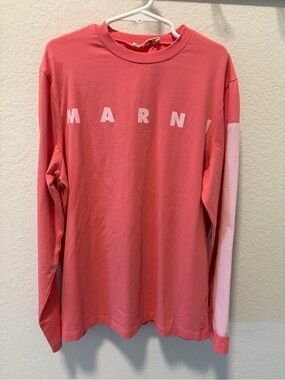Marni Coral Pink Long-Sleeve Logo Tee with Light Pink Sleeve Panel